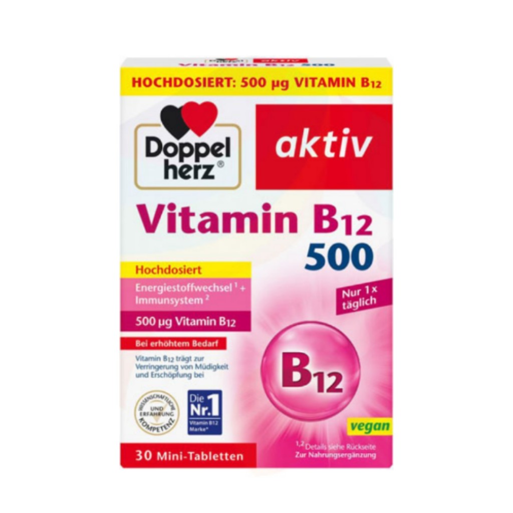 قرص ویتامین کوبالامین داپل هرز اکتیو Doppel Herz Aktiv B12 500mcg (40 عددی)
